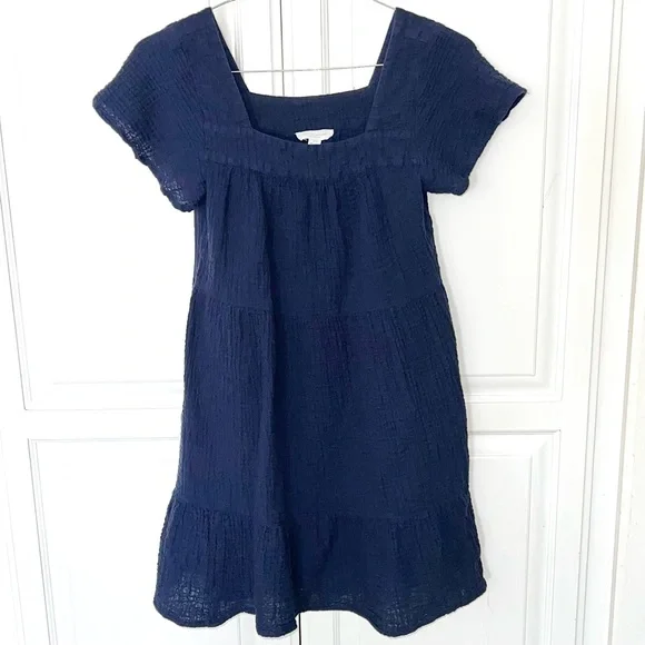 Beach Lunch Lounge 100% Cotton Gauze Navy Tiered Mini Dress Petite Boho - Picture 8 of 10